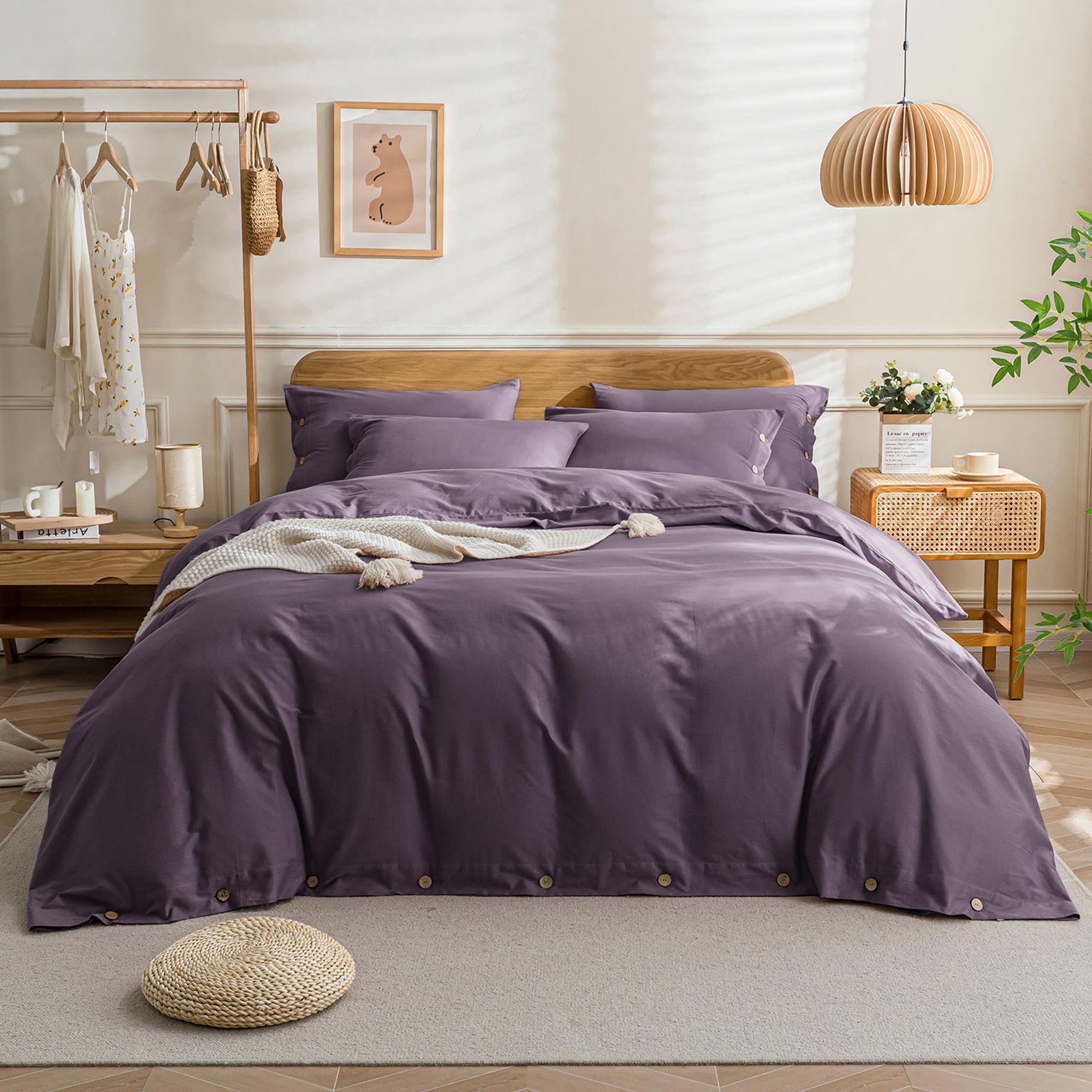 Jellymoni Purple Duvet Cover Twin Size - 100% Washed Cotton Linen Like Textured Comforter Cover, 2 Pieces Breathable Soft Beddin